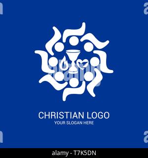 Church logo and biblical symbols. The unity of believers in Jesus Christ, the worship of God, participation in the evening of the Lord and the reading Stock Vector