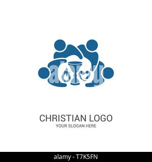 Church logo and biblical symbols. The unity of believers in Jesus Christ, the worship of God, participation in the evening of the Lord and the reading Stock Vector