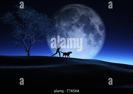 3D render of a female and her dog jogging in a night landscape with moon in sky Stock Photo