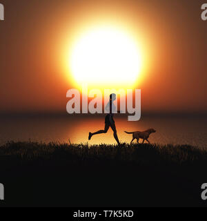 3D render of a female jogging with her dog against a sunset sky Stock Photo