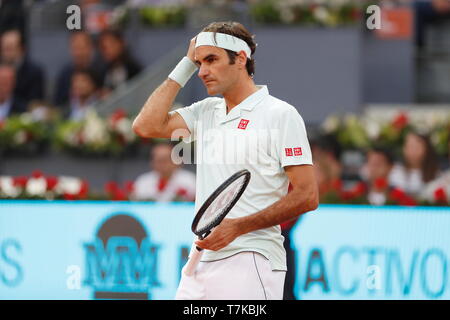 Madrid, Spain. 7th May, 2019. Roger Federer (SUI) Tennis : Roger Federer of Switzerland during Singles 2nd round match against Richard Gasquet of France on the ATP World Tour Masters 1000 Mutua Madrid Open tennis tournament at the Caja Magica in Madrid, Spain . Credit: Mutsu Kawamori/AFLO/Alamy Live News Stock Photo