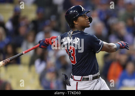 Los Angeles, CA, USA. 7th May, 2019. Atlanta Braves left fielder Ronald Acuna Jr. (13) watches his deep fly ball during the game between the Atlanta Braves and the Los Angeles Dodgers at Dodger Stadium in Los Angeles, CA. (Photo by Peter Joneleit) Credit: csm/Alamy Live News Stock Photo