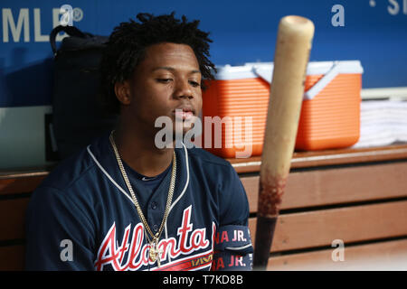 Los Angeles, CA, USA. 7th May, 2019. Atlanta Braves left fielder Ronald Acuna Jr. (13) eyes his bat in the dugout before the game between the Atlanta Braves and the Los Angeles Dodgers at Dodger Stadium in Los Angeles, CA. (Photo by Peter Joneleit) Credit: csm/Alamy Live News Stock Photo