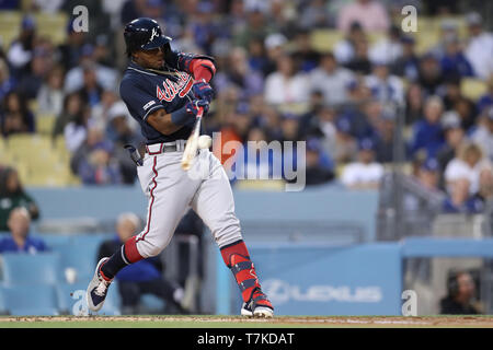 Los Angeles, CA, USA. 7th May, 2019. Atlanta Braves left fielder Ronald Acuna Jr. (13) makes contact at the plate during the game between the Atlanta Braves and the Los Angeles Dodgers at Dodger Stadium in Los Angeles, CA. (Photo by Peter Joneleit) Credit: csm/Alamy Live News Stock Photo