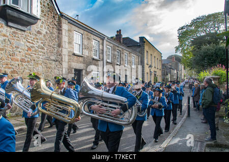Helston, Cornwall, UK. 8th May 2019. Helston Flora day annual spring festival. Seen here the band playing the Flora dance, which is passed down through generation of bandsmen and has not been transcribed.. Credit Simon Maycock / Alamy Live News. Stock Photo