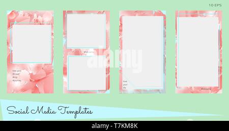 Vector set of modern editable stories template for blog post. Summer style with abstract flower background in rose tints. Cover design for social medi Stock Vector