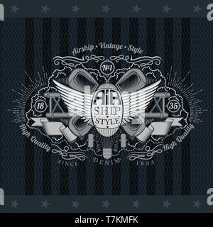 Balloon With Wings And Retro Plane Behinde. Vintage Label With Air Coat of Arms On Blackboard Stock Vector