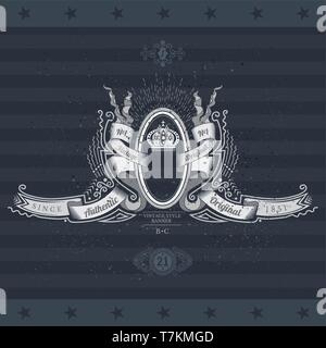 Coat of Arms With Crown And Oval Frame Between Ribbons On Blackboard. Vintage label Stock Vector