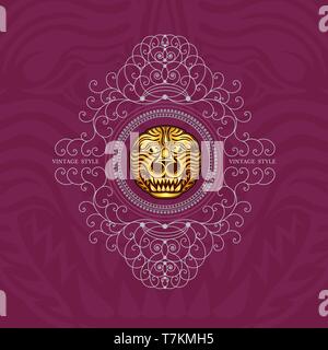 Golden lion head in center of lines swirl pattern. Royal silver monogram luxury style Stock Vector