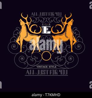 letter e between deers and lines pattern. Royal monogram luxury style Stock Vector
