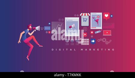 Red bearded man is holding a megaphone and announce digital marketing related things. Vector concept illustration. Stock Vector