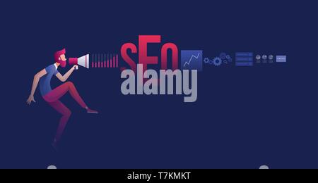 Red bearded man is holding a megaphone and announce SEO - Search Engine Optimization related things. Vector concept illustration. Stock Vector
