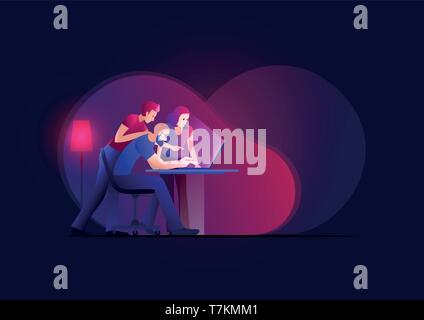 Three person working on a project. Vector concept illustration. Stock Vector