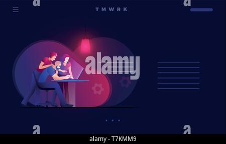 Three person working on a project. Web site design template. Vector concept illustration. Stock Vector