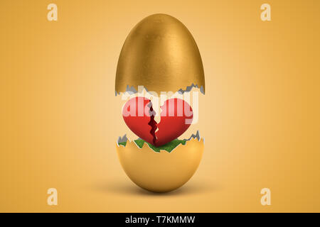 3d rendering of gold egg cracked in two, lower half with green grass inside, upper half in air, with broken red heart inside egg on ocher background. Stock Photo