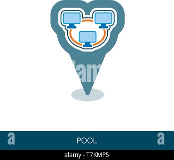 Bitcoin mining pool pin map icon with peer-to-peer computer network. Map pointer. Vector design of blockchain technology, bitcoin, altcoins, cryptocur Stock Vector