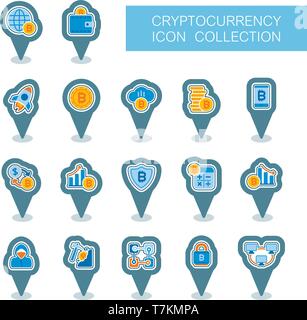 Cryptocurrency and blockchain pin map icons. Map pointer. Map markers. Vector design of blockchain technology, bitcoin, altcoins, cryptocurrency minin Stock Vector
