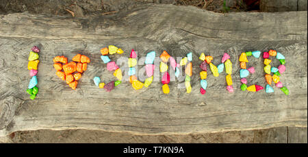 The photo of summer isolated word on wood bench for web background or summer invitation. Stock Photo