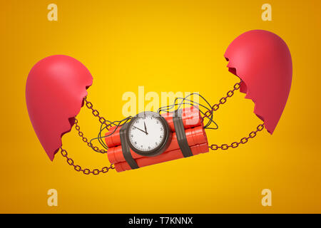 3d close-up rendering of dynamite bundle with timer bomb suspended on chains between two parts of broken heart on yellow background. Stock Photo