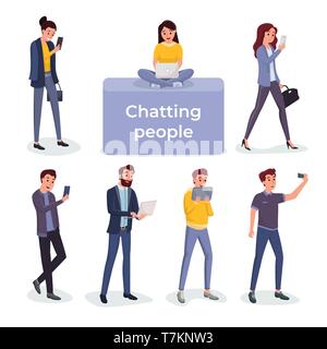 Set of men and women surfing internet using modern laptops tablets and smartphone vector illustration. Social media and online communication concept. Isolated on white Stock Vector