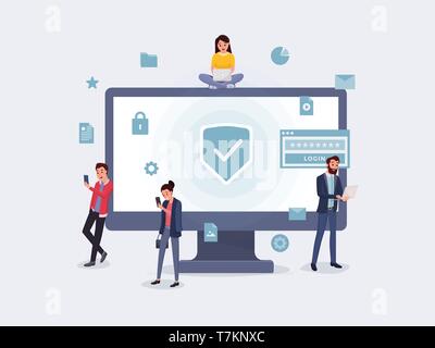People near monitor screen with protect data and confidentiality symbol vector illustration. Lock password social media icons Stock Vector
