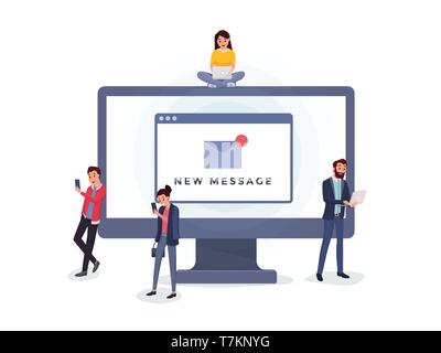 Cartoon men and women at pc using laptops smartphones for communication vector illustration. Monitor screen of computer with new message icon. Social network concept Stock Vector