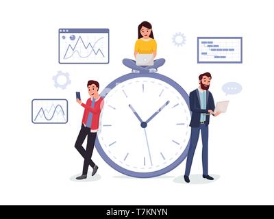 Men and women working via internet using modern laptop and smartphone vector illustration. Time management concept. Charts graphs diagrams on background Stock Vector
