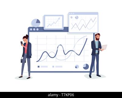 Cartoon business people in suits with laptop and smartphone standing near charts graphs diagrams vector illustration. Teamwork concept. Isolated on white Stock Vector