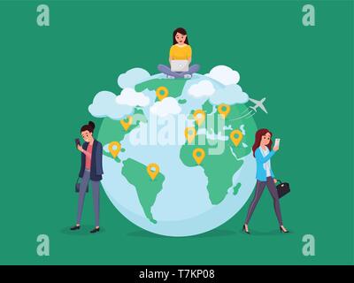 Networking between women from all over the world. Global worldwide communication vector illustration. Girls with gadgets near globe symbol. Social media concept. Isolated on green Stock Vector