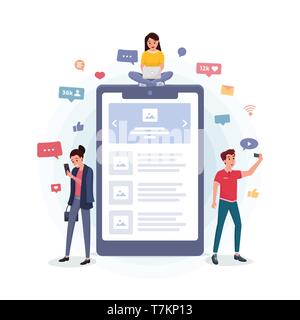 Cartoon man and women surfing internet using laptop and smartphone. Cellphone screen with open social media application vector illustration. Profile account with likes friends messages icons Stock Vector
