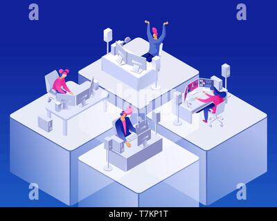 Video games. People gaming online on computers. Cyber sport. Vector 3d isometric illustration. Stock Vector