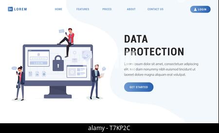 Defense of personal information flat style vector illustration. Cartoon people standing sitting near pc monitor using modern gadgets. Screen with big lock symbol. Computer security concept Stock Vector
