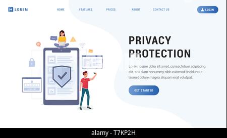 Template with cartoon people near tablet screen with protect data and confidentiality symbol vector illustration. Lock password social media icons. Place for text and get started button Stock Vector