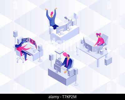 Young gamers playing games. Cyber sport. Vector 3d isometric illustration. Stock Vector