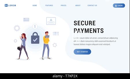 Protection of digital banking services for website vector illustration. Internet money transfers paying defense flat style. People using gadgets for online transaction. Lock password credit card icons Stock Vector
