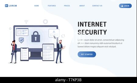 Global networking protection vector illustration. People with gadgets standing at pc screen with lock symbol password and safety icons. Place for text and get started button Stock Vector