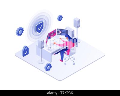 Security concept. Woman passing time and making money via playing computer games in safety of reliable antivirus keeping tablet unharmed vector illustration. Isolated on white Stock Vector