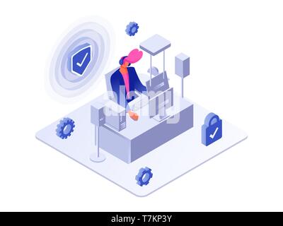 Security concept. Man sitting and playing computer games vector illustration isolated on white Stock Vector