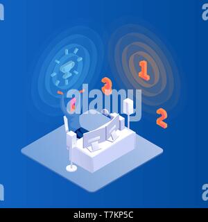 Game winner. Young man using computer for playing game. Isometric vector illustration isolated on blue Stock Vector