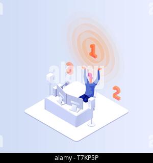 Isometric vector illustration game winner. Young gamer using computer for playing game Stock Vector