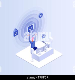 Isometric concept man work with personal computer. Happy game winner 3d vector illustration Stock Vector