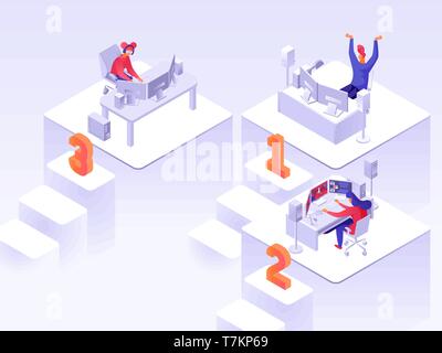 Professional gamers with modern computers competing in online virtual match isometric vector illustration. Cyber sport game concept Stock Vector