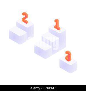 Three modern steps with letters isometric vector illustration. Each letter taking places. Isometric winning and success concept isolated on white Stock Vector