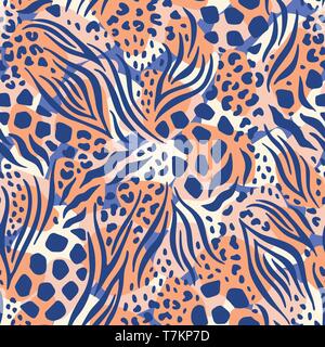 Pastel Colored Abstract Hand Drawn Combined Animal Skin Vector Seamless Pattern. Zebra, Cheetah. Tiger, Leopard Fur. Trendy Fashion Print. Blue and Pi Stock Vector