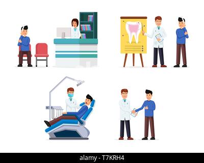 Set of reception desk with nurce and man, doctor consultating treatment patient and high quality reviews flat design vector illustration. Health care concept. Isolated on white Stock Vector