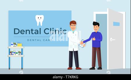 Doctor and young patient standing together vector flat style design vector illustration. Consultation in dental clinic Stock Vector