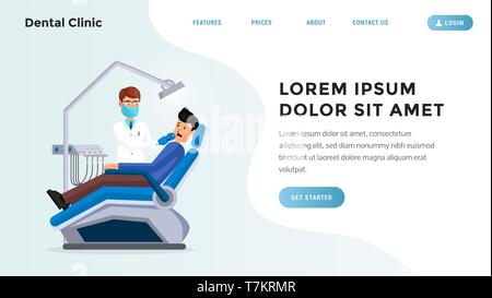 Website banner with doctor consulting on kind and reasons of toothache. Patient with toothache in dentist chair. Dental care concept flat style design vector illustration Stock Vector