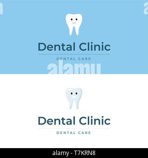 Logo for dental clinic with cute smiling teeth isolated on blue and white backgrounds vector illustration Stock Vector