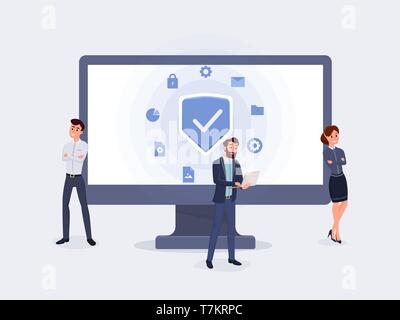Business people with protection screen. People protect their data on device flat design vector illustration. Use for landing page, web or mobile app, banner. Secure data concept Stock Vector