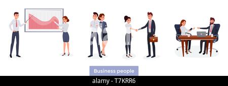 Business people making money introducing presentation brain storming socializing meeting new coworkers vector illustration. Isolated on white background Stock Vector